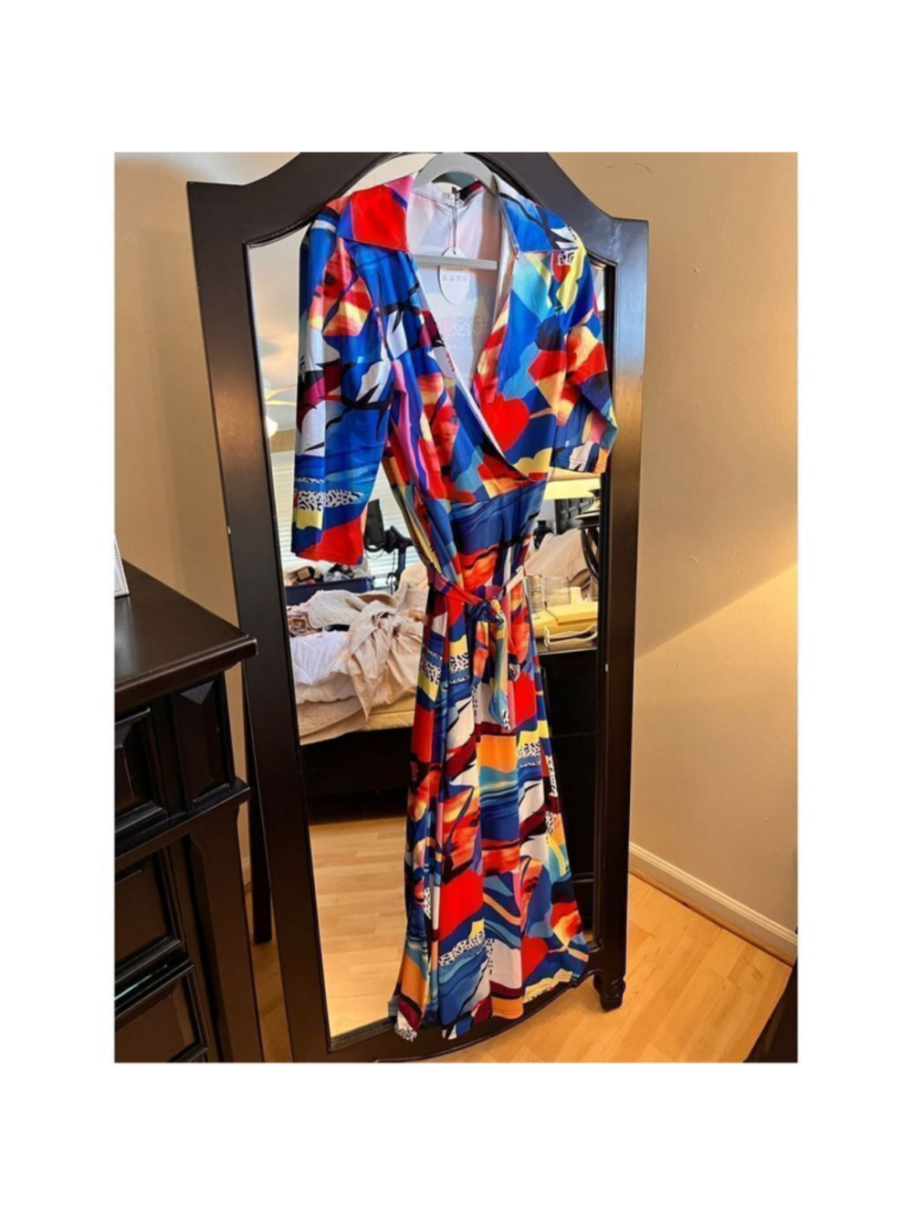 Locryz V Neck 3/4 Sleeve African Floral Printed Party Maxi Dress Belt M
